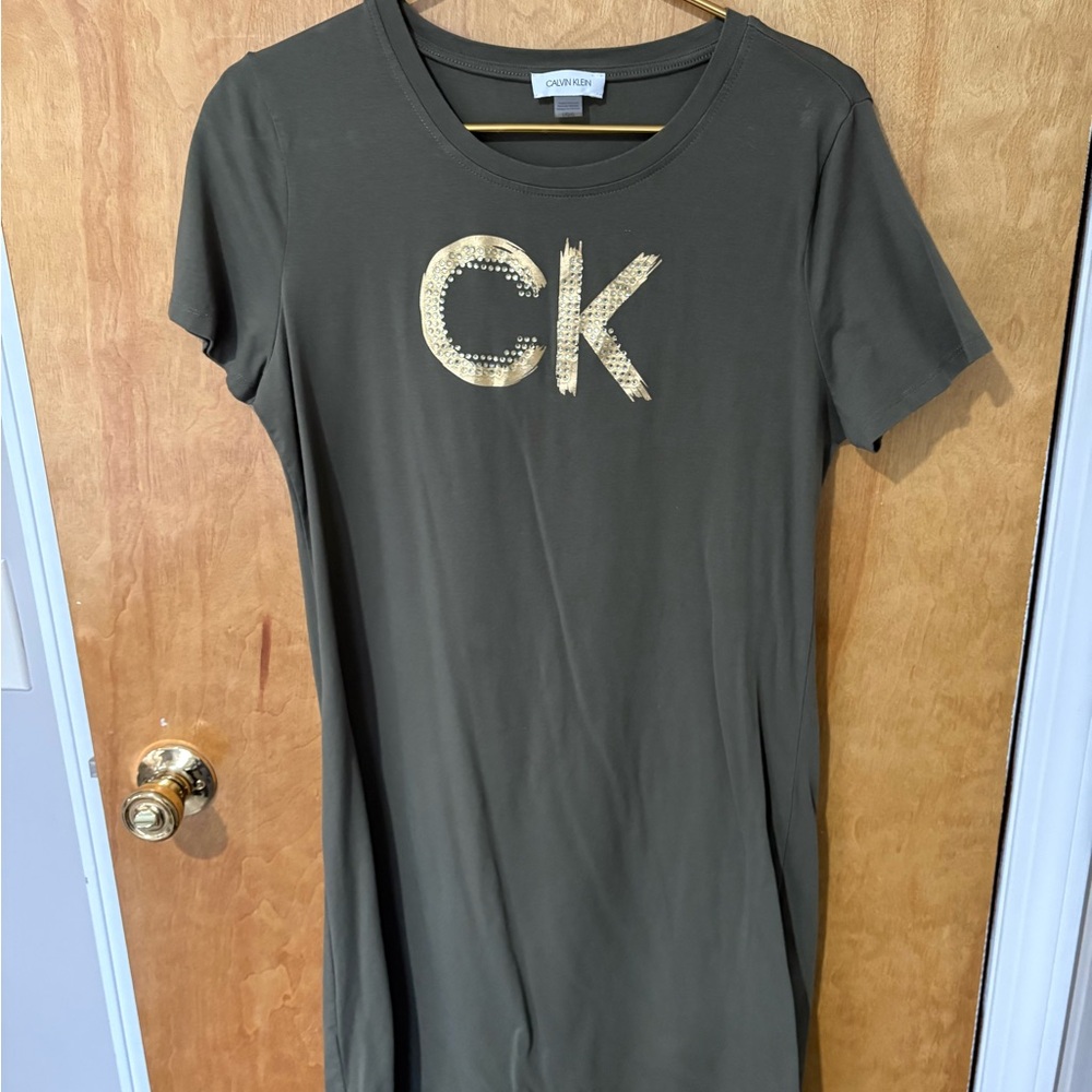 Calvin Klein Olive Green Logo Tee Dress with Metallic Accent